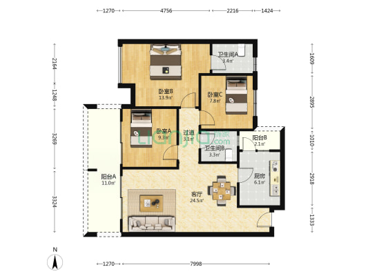 越鞠苑 3室1厅2卫 100平方