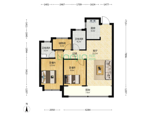 东部时代城 2室1厅2卫 101平方