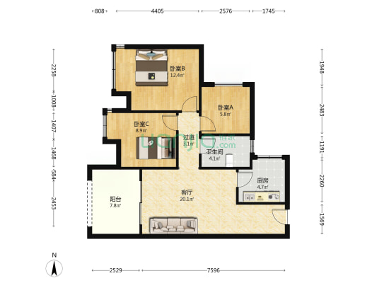 万达御湖公馆 3室1厅1卫 84平方