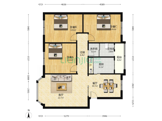 万方苑 3室2厅2卫 120平方