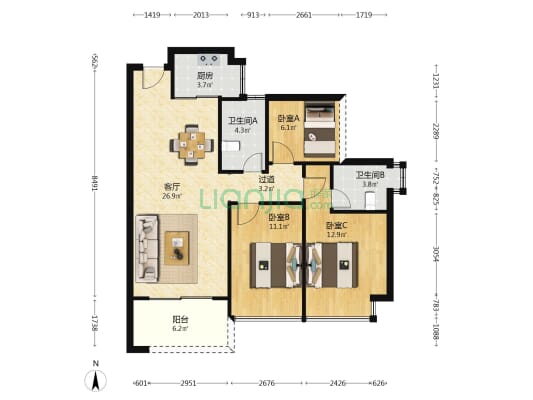 豪璟居 3室1厅2卫 95平方