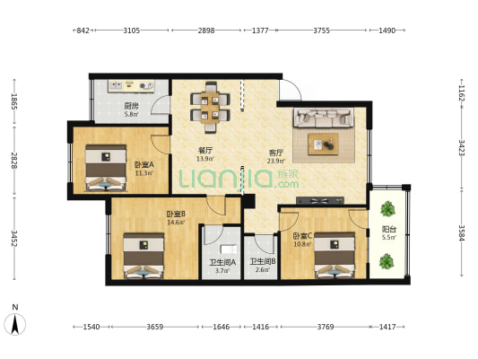天桃路24号大院生活区 3室2厅2卫 110平方