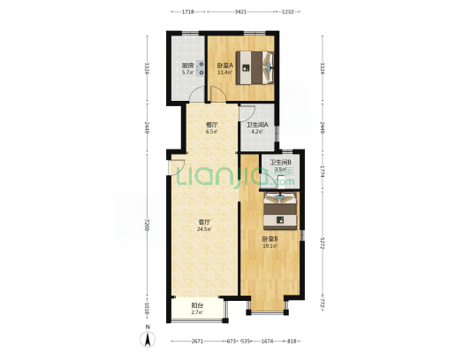 此房南北通透大两居，简单装修，拎包入住-户型图
