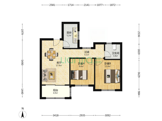 朝阳苑 2室1厅1卫 85平方