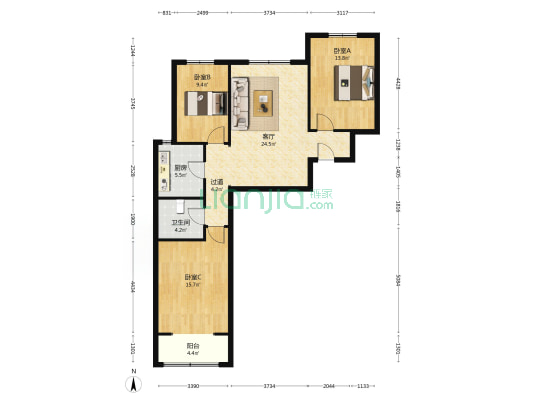 香港豪庭中装，南北通透三居。本满五年-户型图