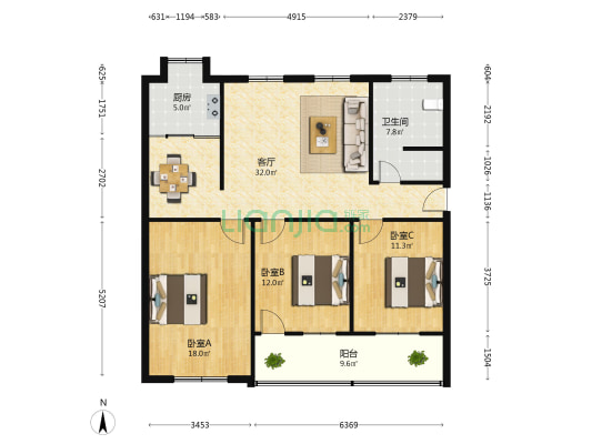 创业街社区 3室1厅1卫 116平方