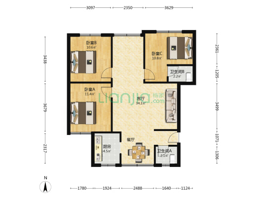 怡居家园 3室1厅2卫 90平方