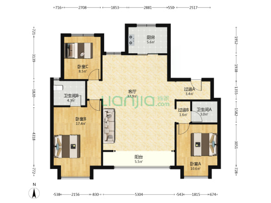 长风金茂悦 3室1厅2卫 147平方