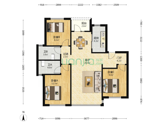 青羊樾府 3室1厅2卫 100平方