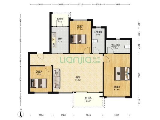 碧影溪 3室1厅2卫 117平方