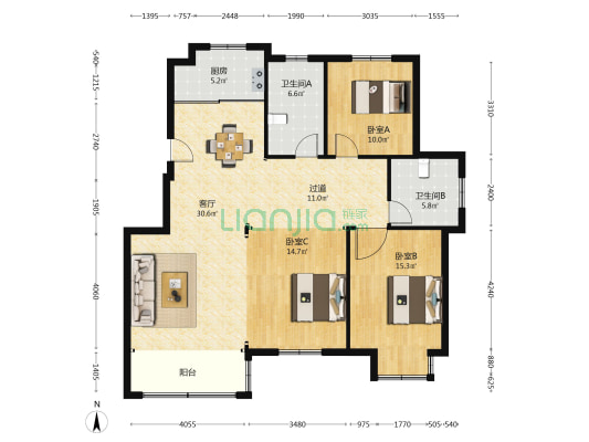 青逸家园 3室1厅2卫 142平方