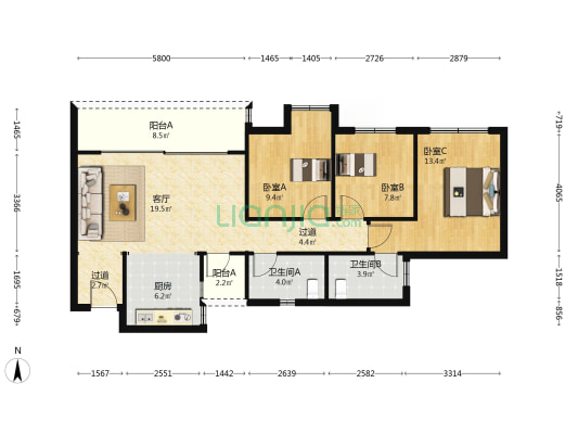 山语桃源青云学府 3室1厅2卫 91平方