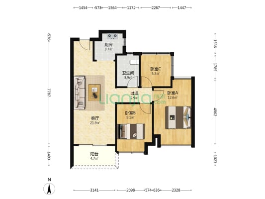 方直星图园 3室1厅1卫 79平方