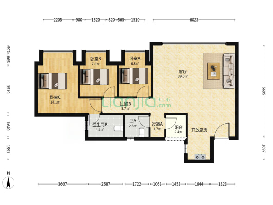 中诚两江印二期 3室1厅2卫 93平方