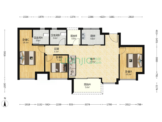 万科四季都会翠屿 3室1厅2卫 102平方