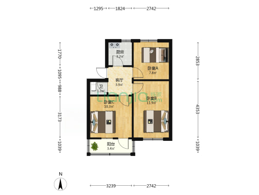 农林路100号院 3室1厅1卫 55平方