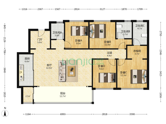 招商新川臻境 4室1厅3卫 143平方