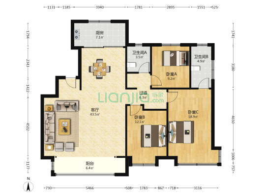万科滨江都会（秀沁园） 3室1厅2卫 137平方