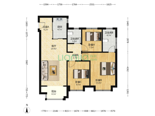万科滨江都会（秀汐园） 3室1厅2卫 104平方
