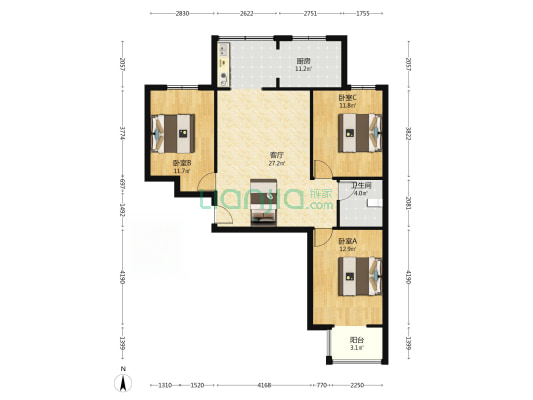 惠友荷园  3居室 南北通透 简装满二 采光好 视野佳-户型图