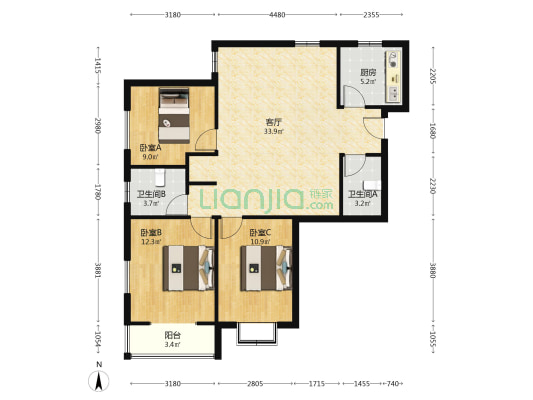 满五唯一 中间楼层 三居采光全天-户型图