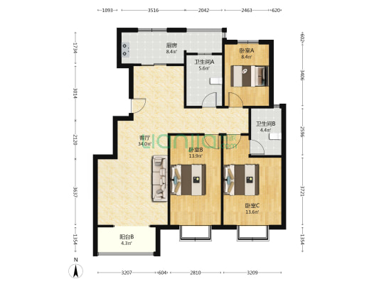 中间楼层 南北通透 视野宽阔 采光充足-户型图