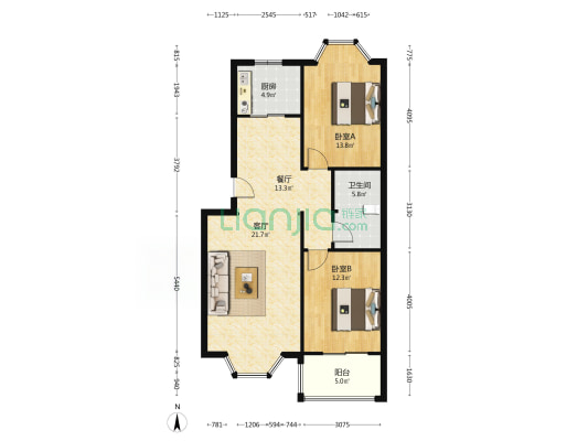 中间楼层，南北通透三居室，满五唯一-户型图