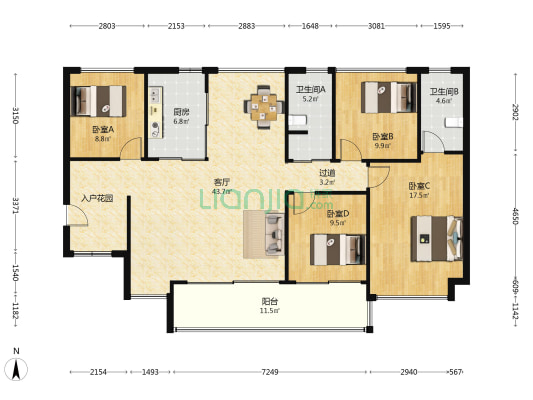 中铁建信达花语天宸 4室1厅2卫 137平方