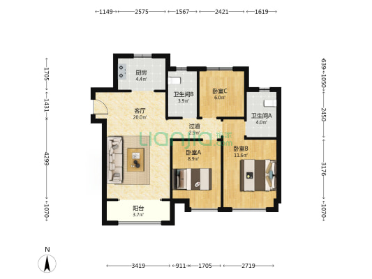 一曲天辰 3室1厅2卫 94平方