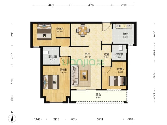 招商蛇口璀璨学府 3室1厅2卫 114平方