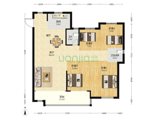 悦江新苑 4室1厅2卫 140平方