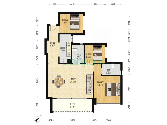富元君悦湾 3室1厅2卫 88平方