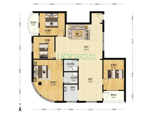 金龙大厦 4室2厅2卫 121平方