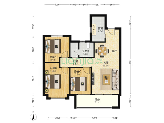 北宸天樾 3室1厅1卫 100平方