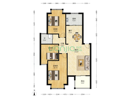 钱江1号公馆 3室2厅1卫 114平方