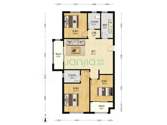 龙溪苑B区 3室1厅2卫 130平方