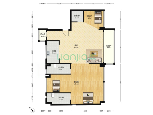 中寰润府 2室1厅3卫 162平方