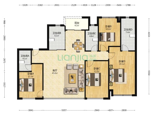 建发缦云 4室1厅4卫 162平方