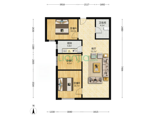 房子中间楼层，户型方正，带装修拎包入住-户型图