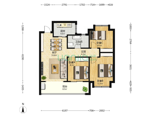 中信泰富锦辰 3室1厅1卫 93平方