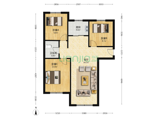 通透南北大F 带防火门 中间楼层 满两年诚意卖-户型图