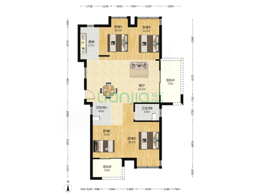 中庚香江世界一区 4室1厅2卫 125平方