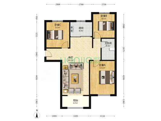 狮子城南北通透大三居室精装修拎包入住-户型图