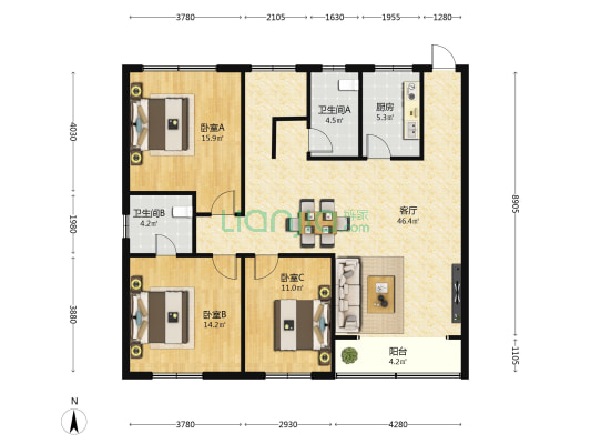 新怡花園 3室1厅2卫 131平方