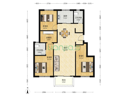 武汉国际社区B1地块 3室1厅2卫 108平方
