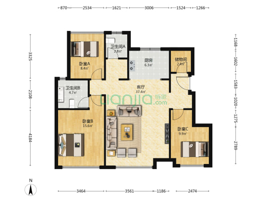 万达公园璟园 3室1厅2卫 106平方