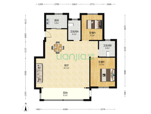 瑞雅新筑 2室1厅2卫 121平方