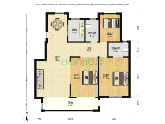瑞雅新筑 3室1厅2卫 141平方