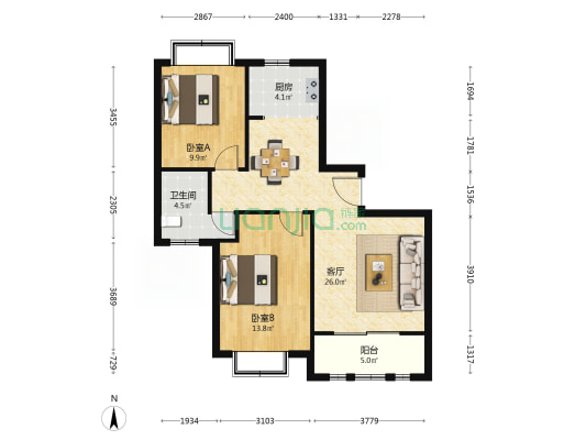 崆峒岛小区 2室1厅1卫 99平方