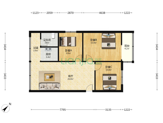 红塔职高宿舍 3室1厅1卫 91平方